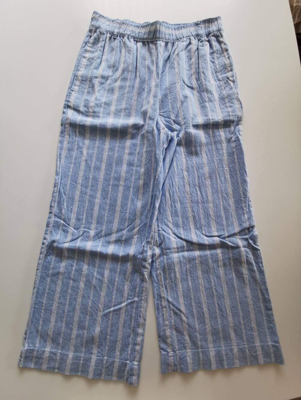 Joe Fresh Light Blue and White Striped Linen And Cotton Wide Leg Capri Pants